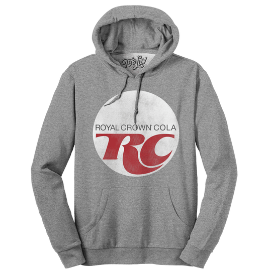 Oxford gray pullover hoodie with front RC Cola logo graphic and kangaroo pocket