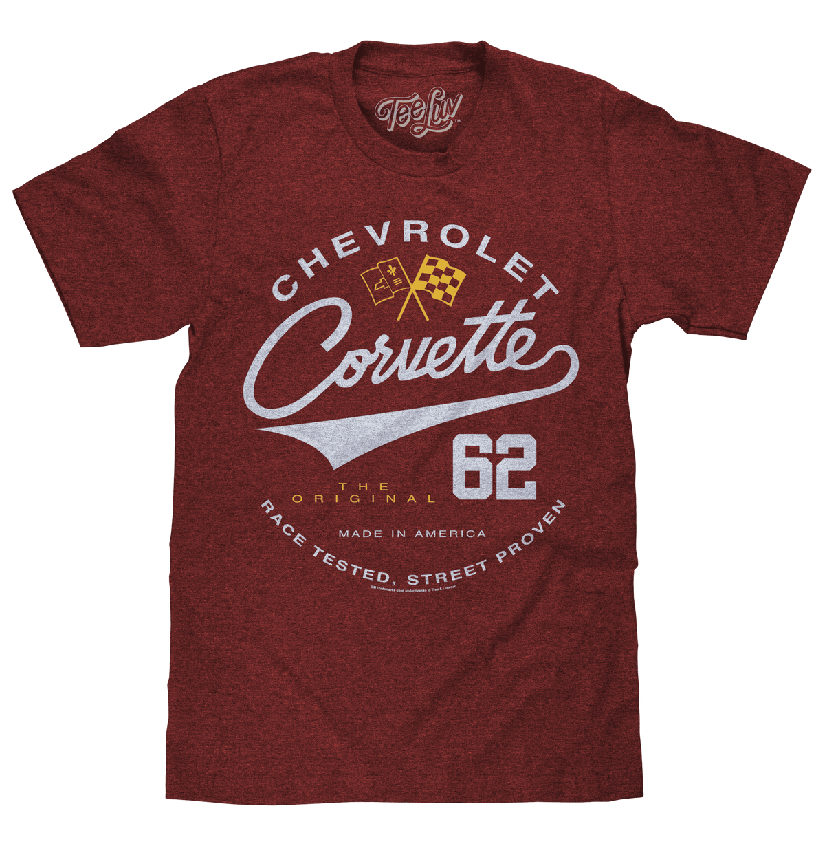 Crimson heather Corvette 62 T-shirt with large front graphic and Chevrolet logo