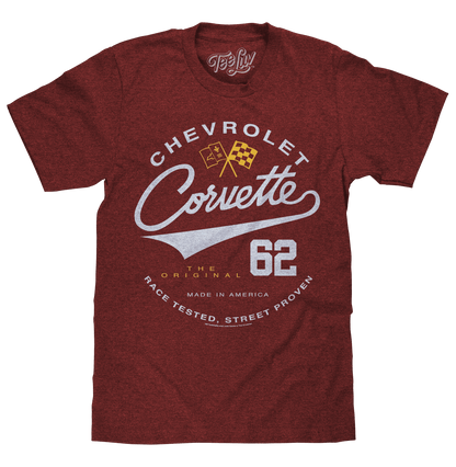 Crimson heather Corvette 62 T-shirt with large front graphic and Chevrolet logo