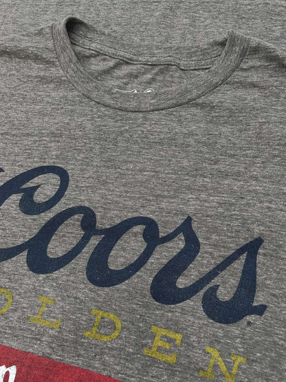 Gray T-shirt crew neckline with TeeLuv logo and partial Coors lettering