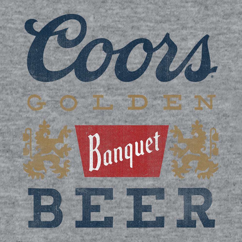 Gray T-shirt close-up of Coors, Golden, Banquet, Beer logo graphic