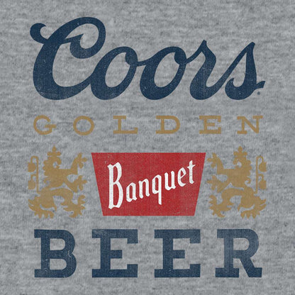 Gray T-shirt close-up of Coors, Golden, Banquet, Beer logo graphic
