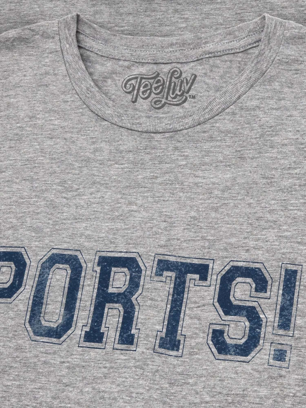 Gray crewneck T-shirt neckline with 'SPORTS!' lettering graphic