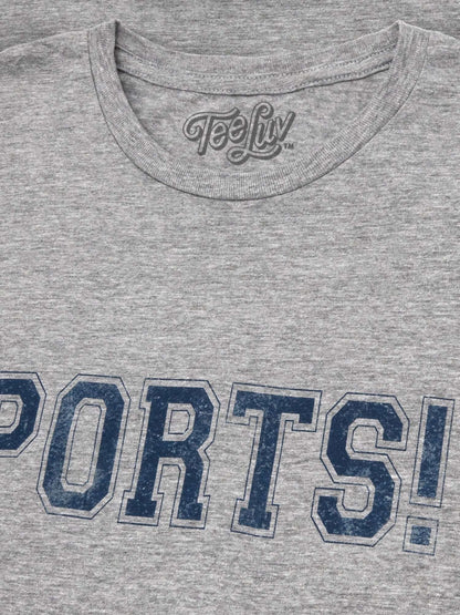 Gray crewneck T-shirt neckline with 'SPORTS!' lettering graphic