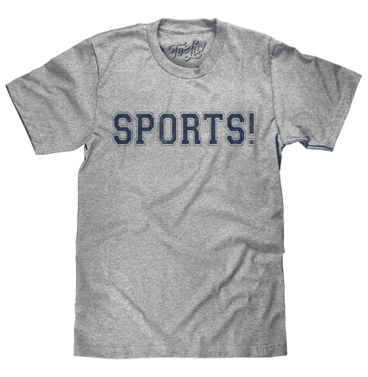 Gray crewneck graphic T-shirt with 'SPORTS!' front print