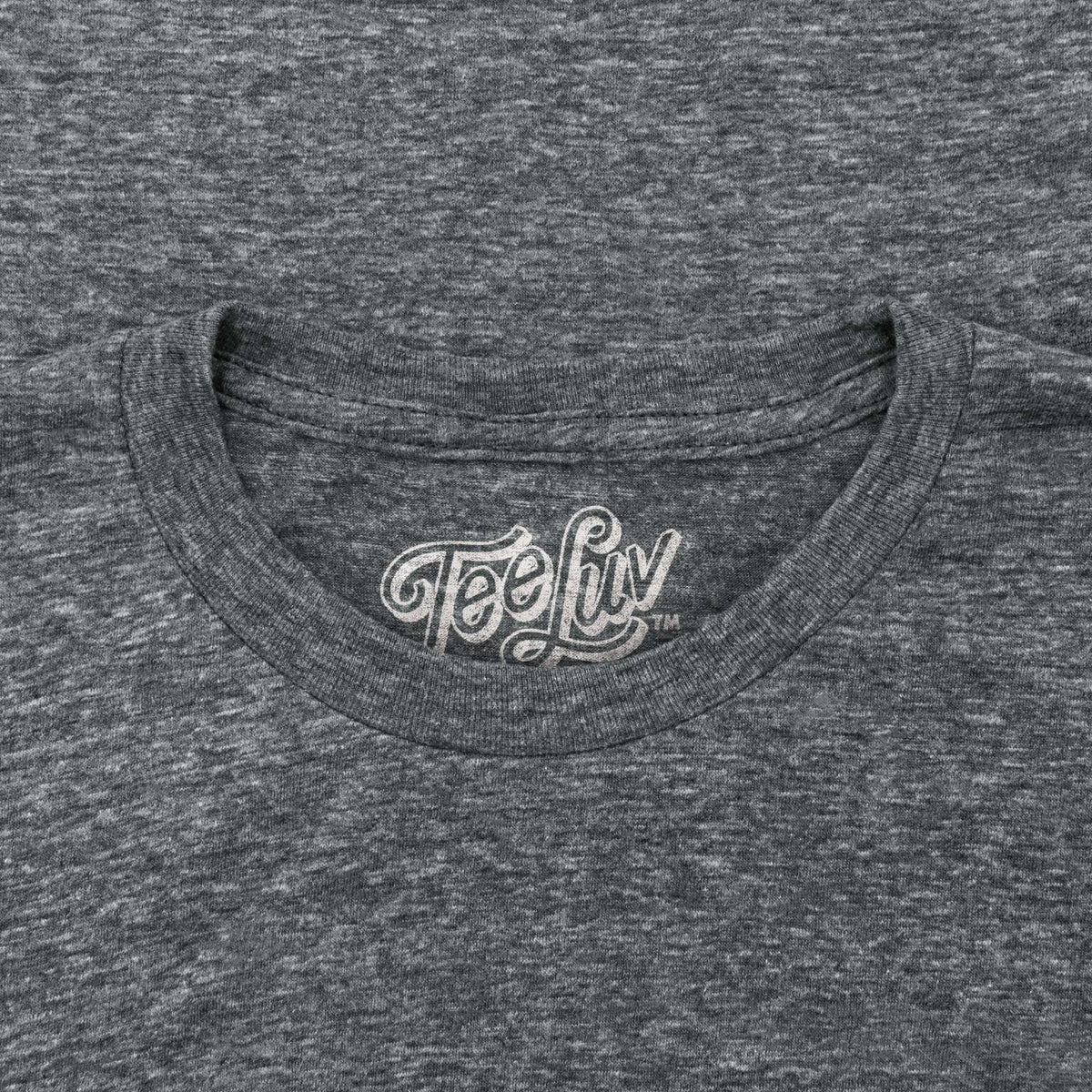 Gray crewneck T-shirt with TeeLiv neck label