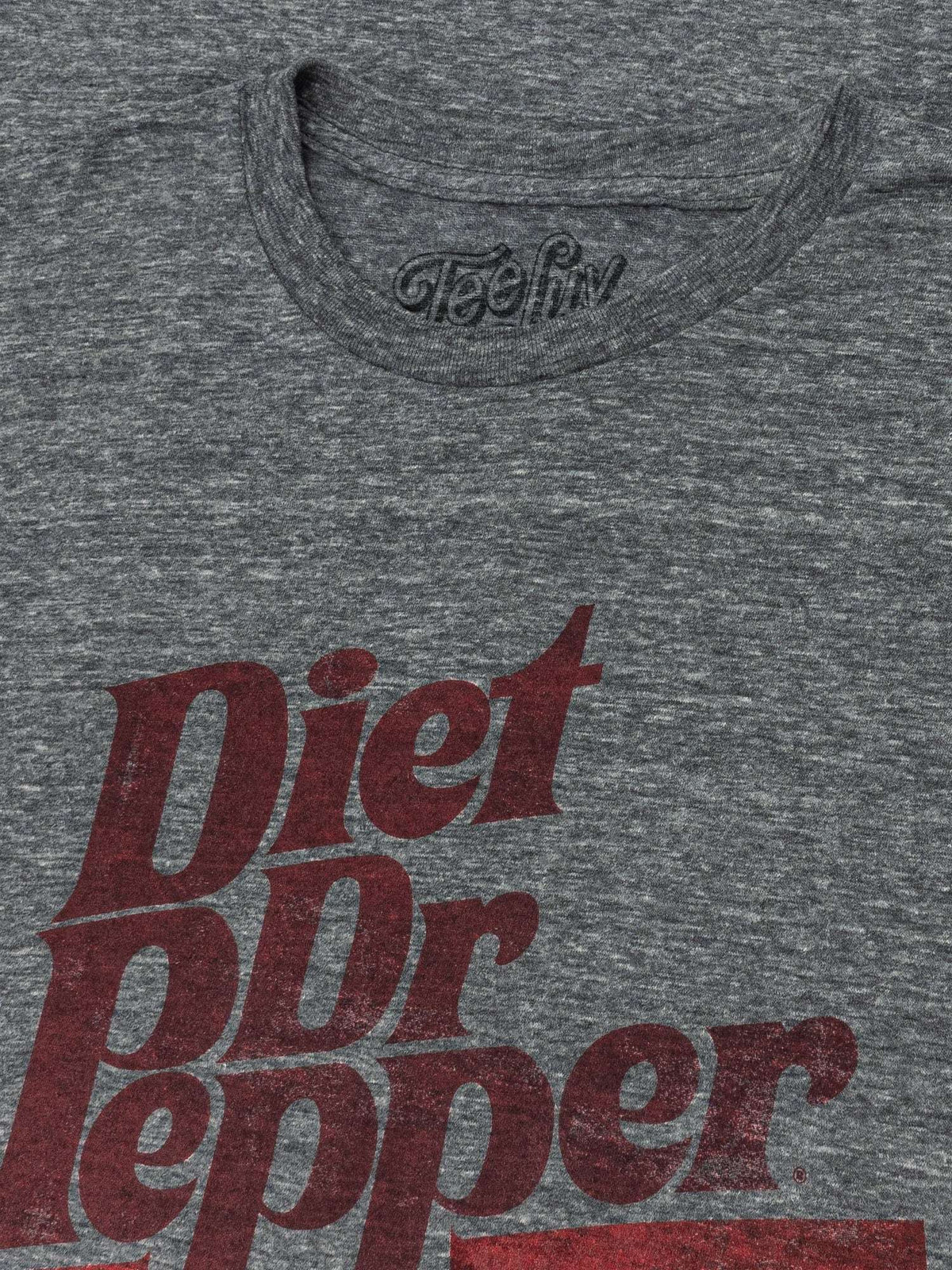 Gray crewneck T-shirt with distressed red Diet Dr Pepper logo print