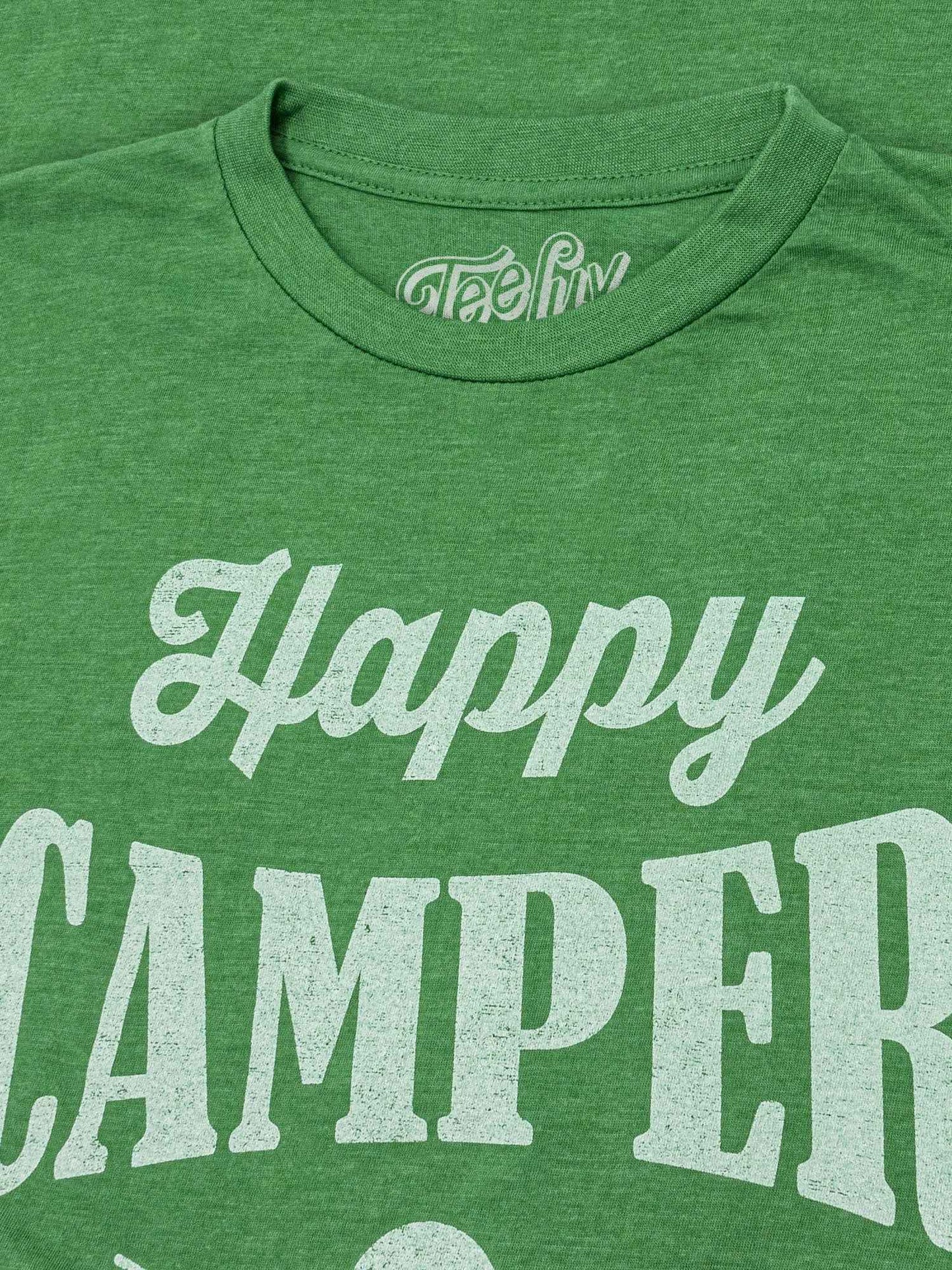 "Happy Camper" T-Shirt | Distressed Tent Graphic | Green Heather | Poly-Cotton
