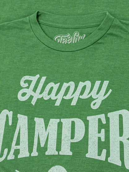 "Happy Camper" T-Shirt | Distressed Tent Graphic | Green Heather | Poly-Cotton