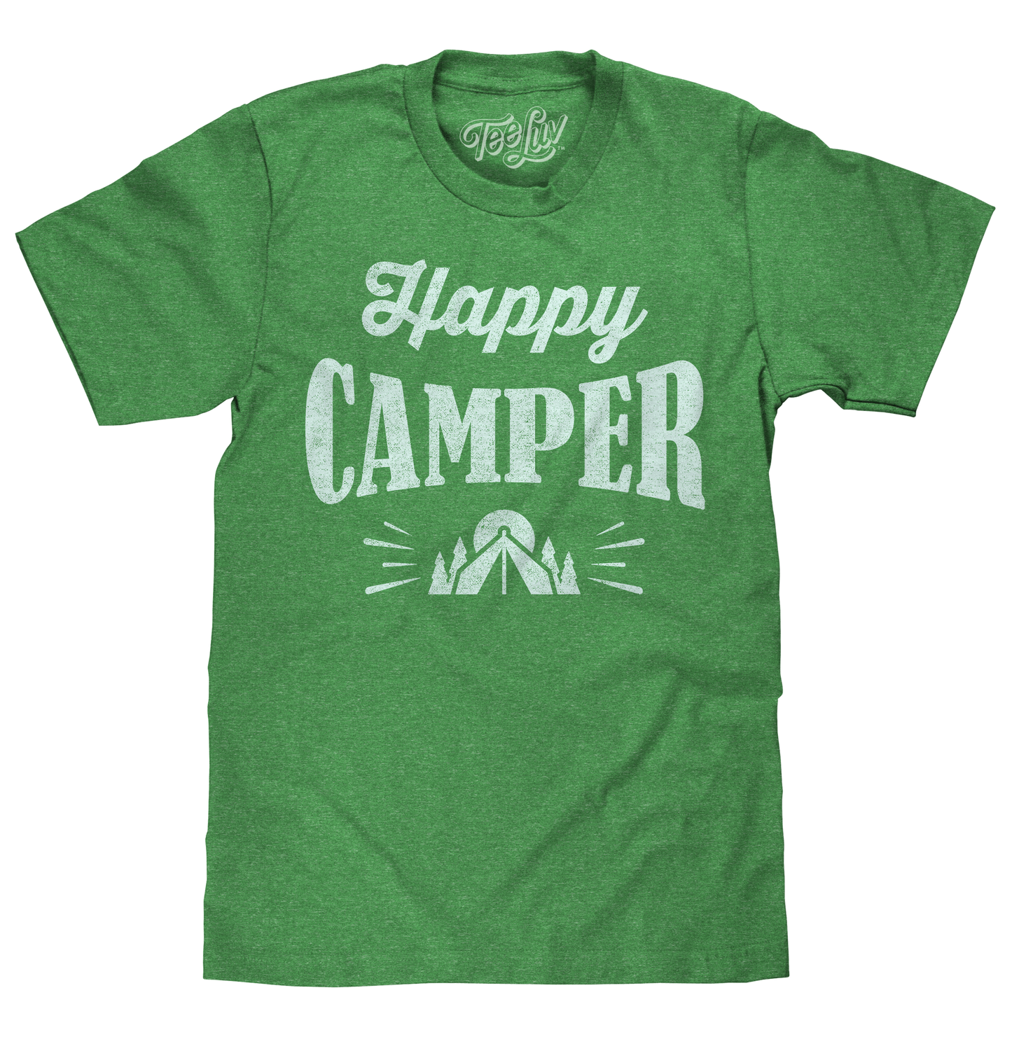 "Happy Camper" T-Shirt | Distressed Tent Graphic | Green Heather | Poly-Cotton
