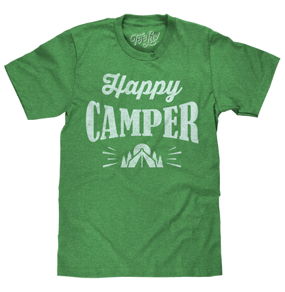 "Happy Camper" T-Shirt | Distressed Tent Graphic | Green Heather | Poly-Cotton