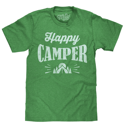Green heather T-shirt with distressed Happy Camper tent graphic on front