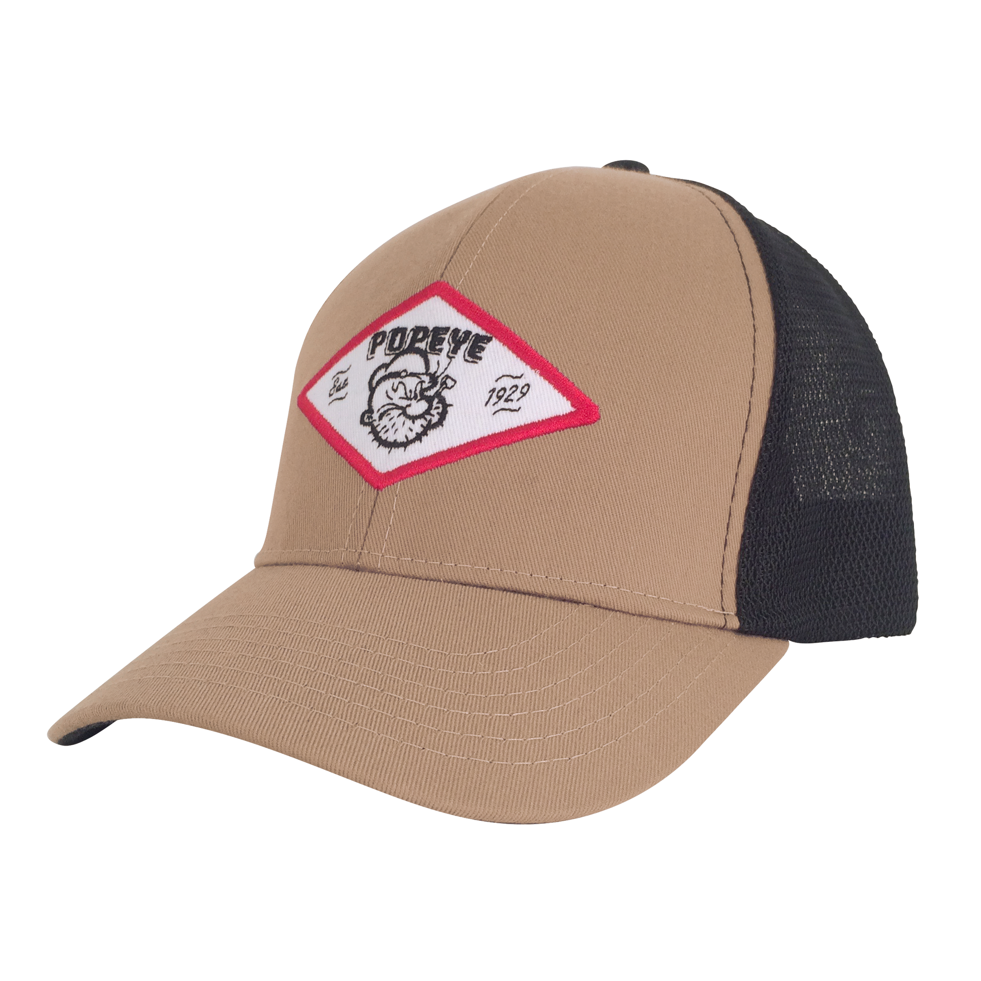 Popeye the Sailor Man Embroidered Trucker Hat | Tan & Black