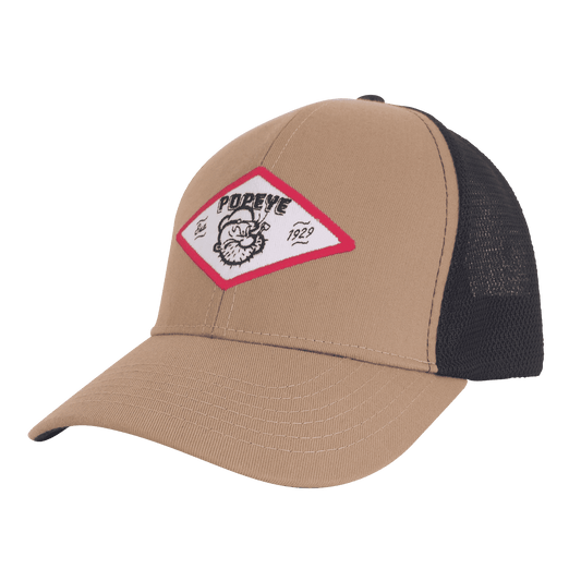 Tan and black trucker hat with red-edged Popeye embroidered front patch