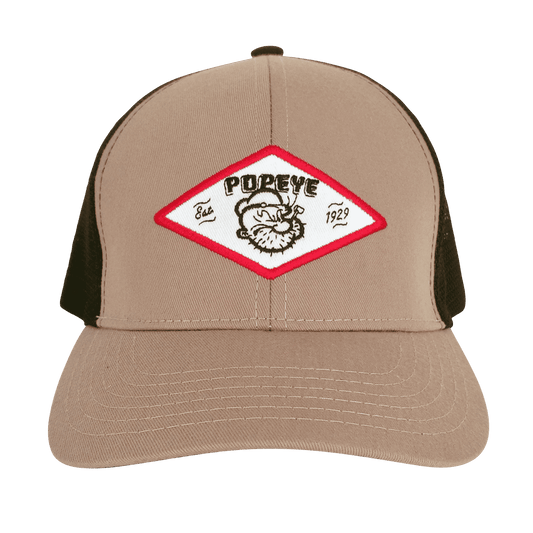 Tan and black trucker hat with Popeye logo patch on front crown and curved brim