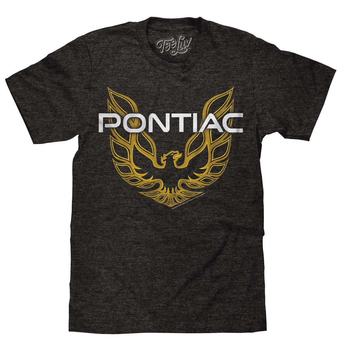 Heather gray Pontiac Firebird graphic T-shirt with yellow flame wings logo