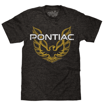 Heather gray Pontiac Firebird graphic T-shirt with yellow flame wings logo