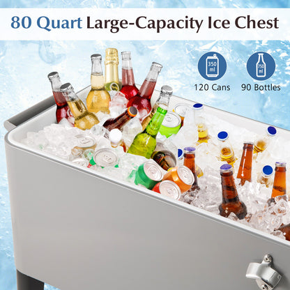 Portable Patio Cooler | 80 Qt | 48-Hour Cold Retention | Wheels, Shelf & Bottle Opener | Gray or Red