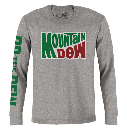 Gray long-sleeve T-shirt with green Mountain Dew logo and vertical sleeve text