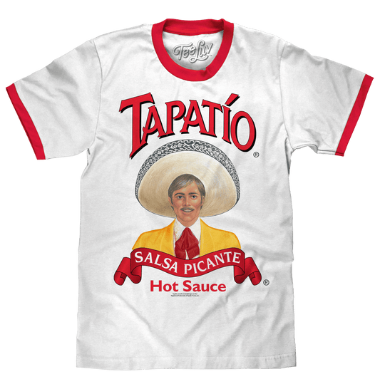 Tapatío Hot Sauce ringer T-shirt with Charro logo, white and red