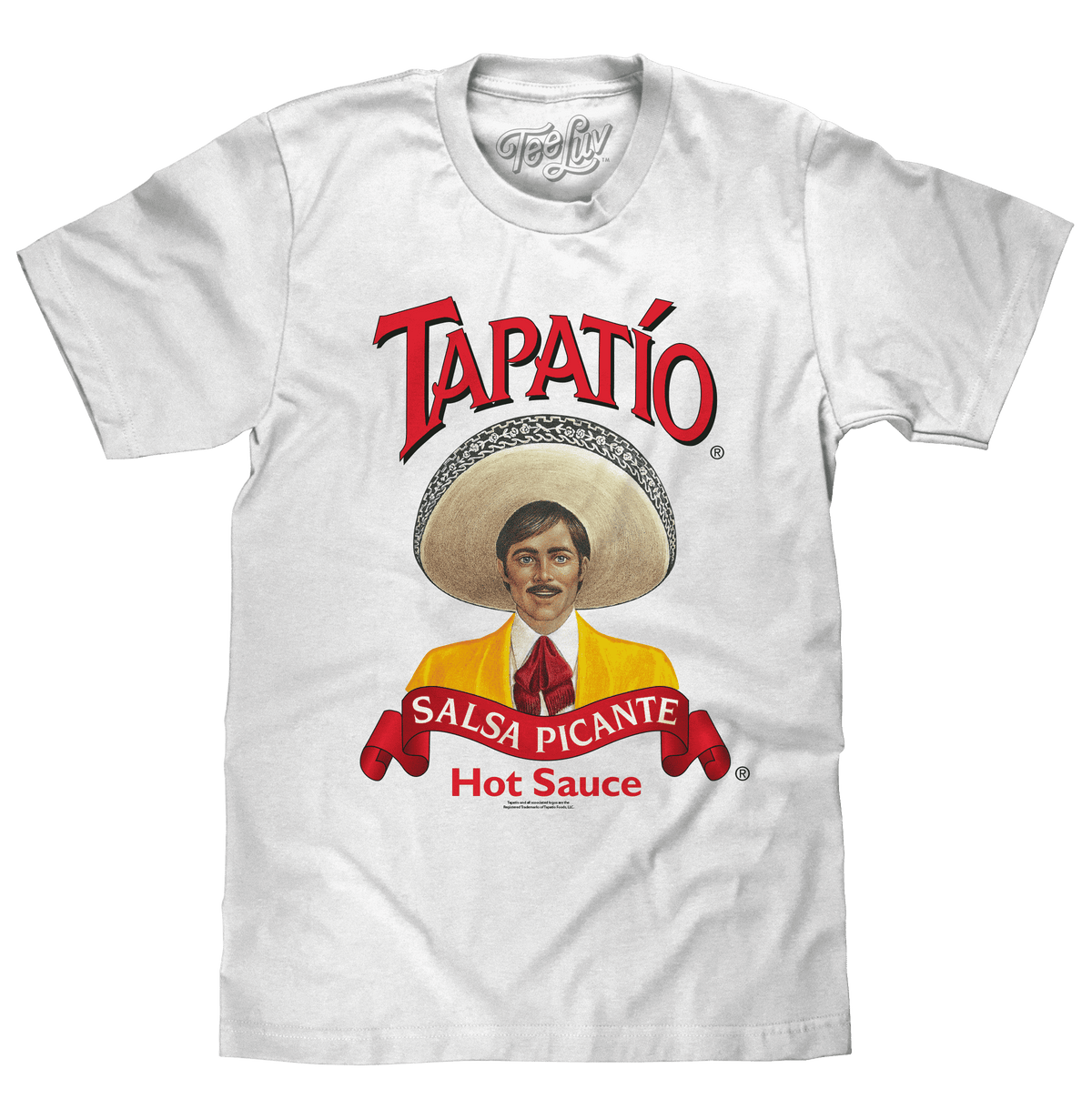 White Tapatío logo graphic T-shirt with salsa picante print
