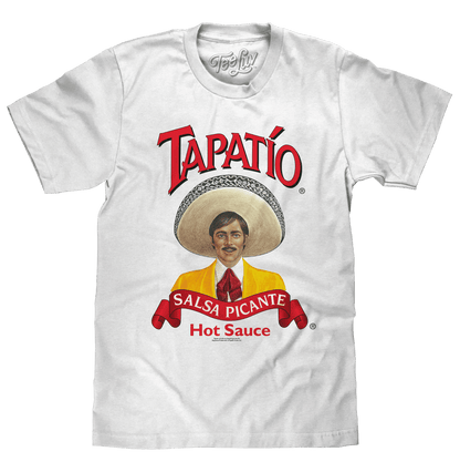 White Tapatío logo graphic T-shirt with salsa picante print