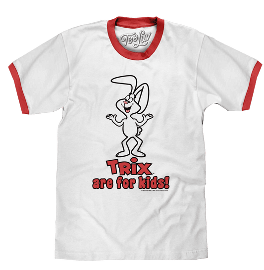 White ringer T-shirt with red collar and Trix rabbit mascot graphic