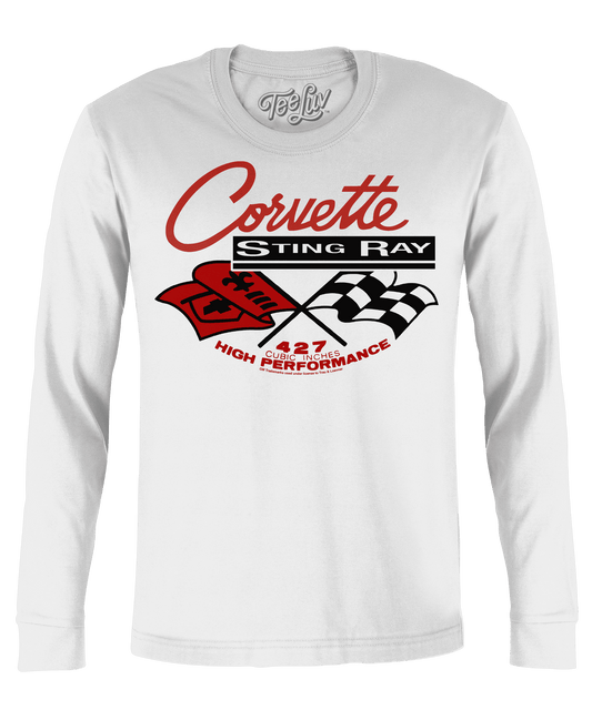White long-sleeve T-shirt with red Corvette Sting Ray graphic and checkered flag