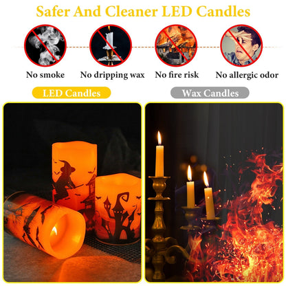3-Pack Halloween Flameless Candle Lamps with Timer – Witch, Bat & Castle