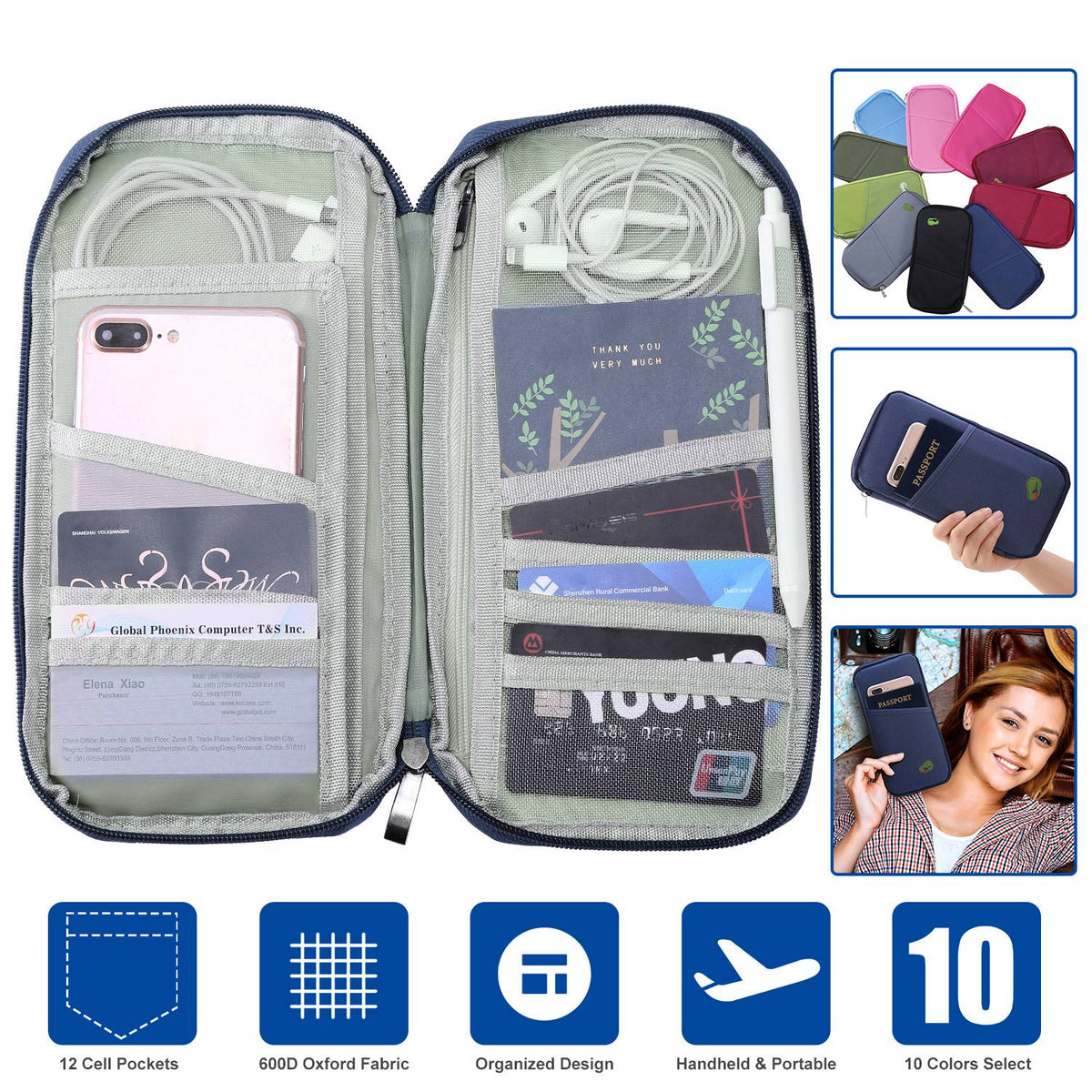 LJG Travel Passport Wallet – 12-Cell Organizer, Water-Repellent Zipper Case – Royal Blue