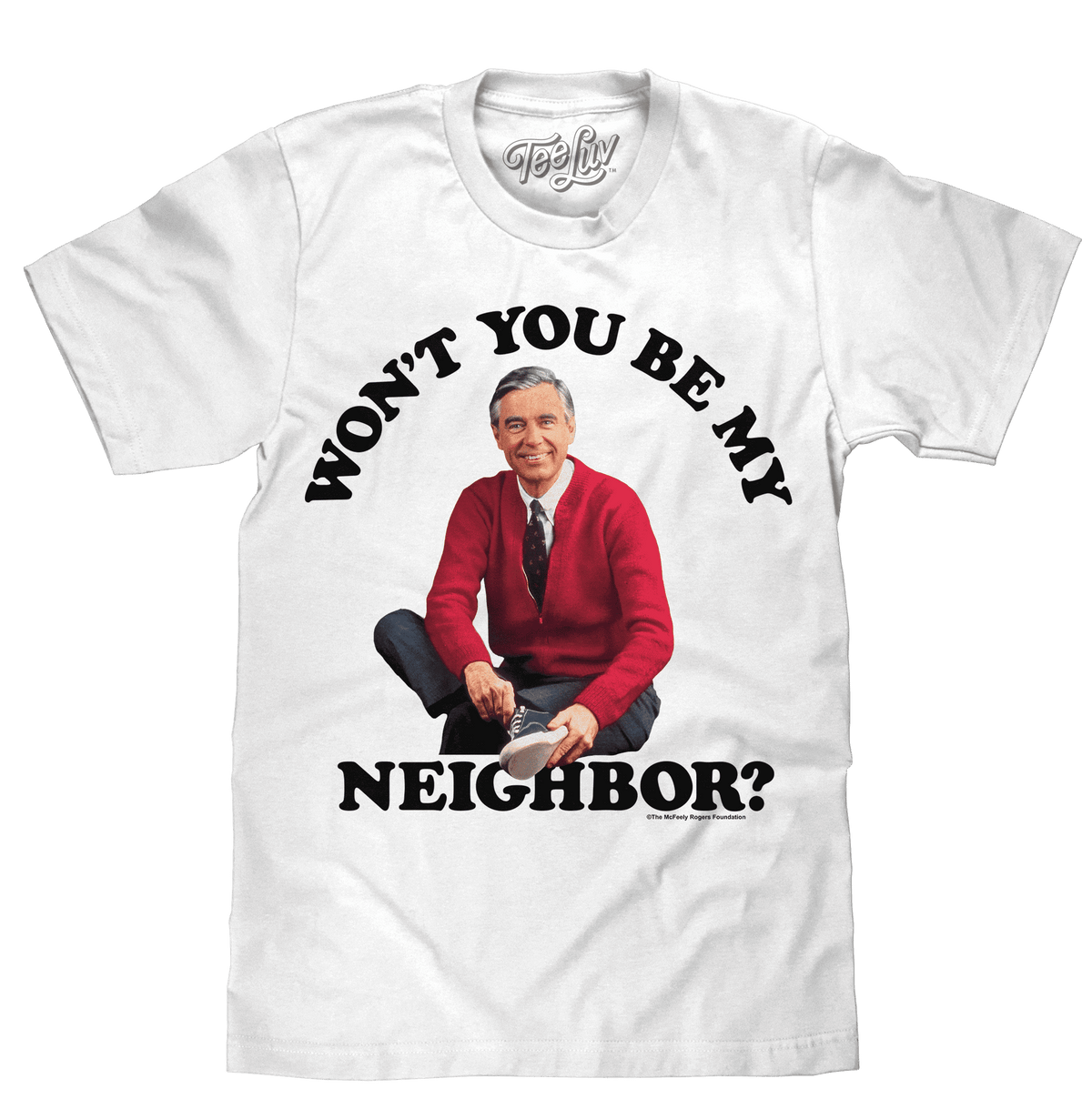 White graphic T-shirt with portrait and curved text "WON'T YOU BE MY NEIGHBOR?"