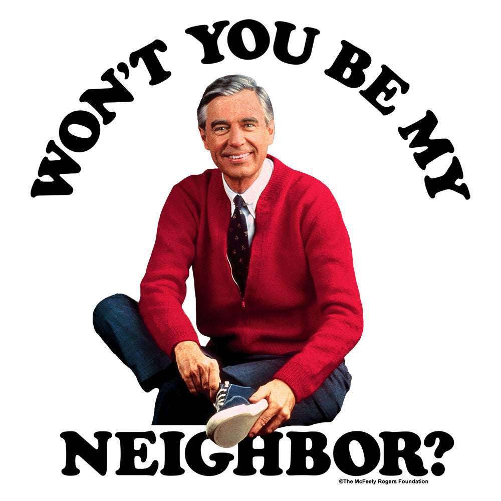 White T-shirt front graphic with portrait and "NEIGHBOR?" text
