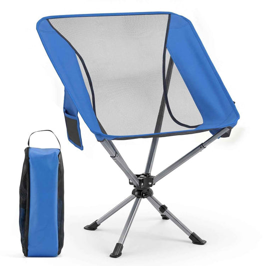 Blue folding camping chair with swivel base and mesh back, with carry bag