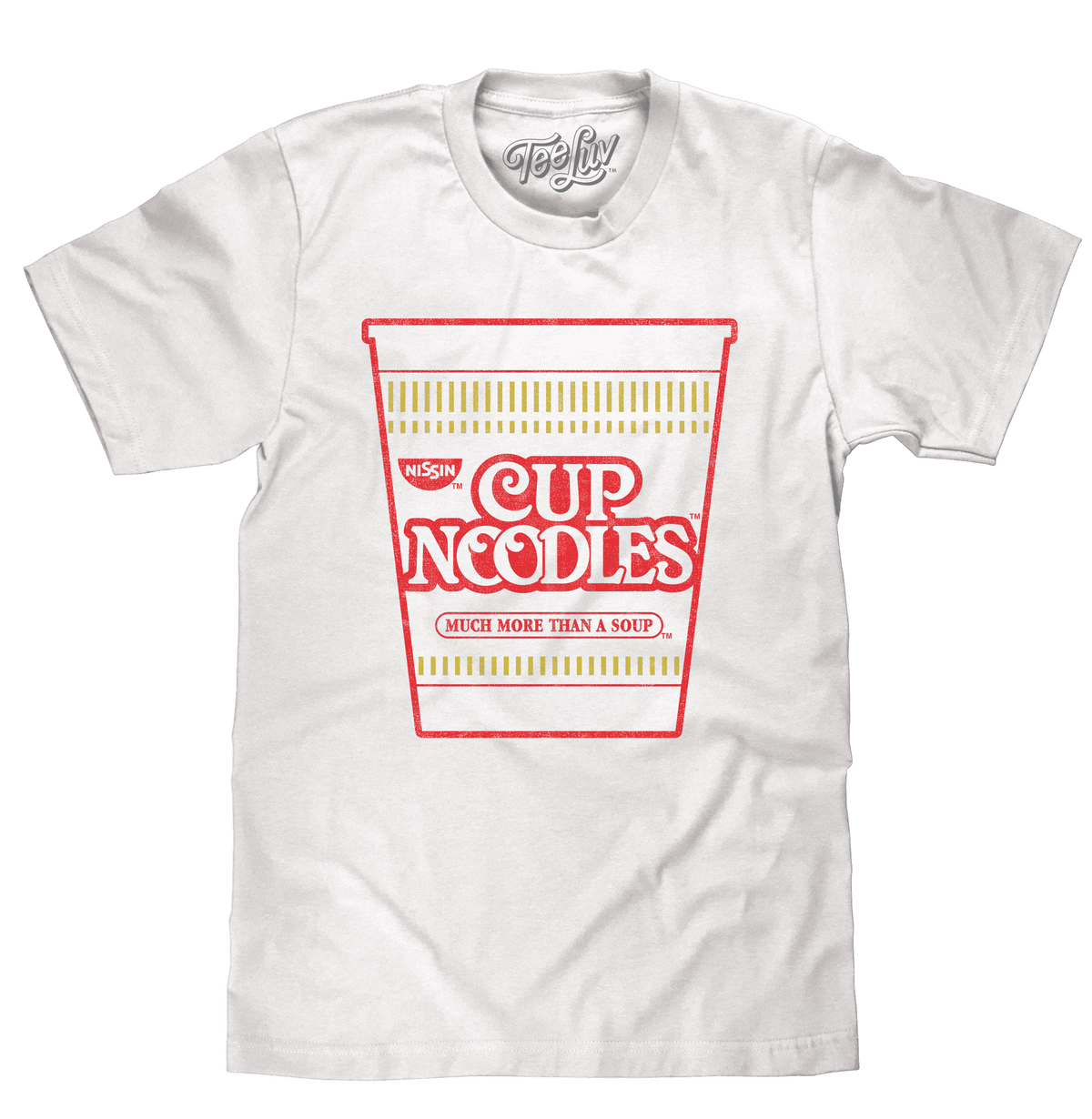 White T-shirt with red Cup Noodles logo graphic on chest