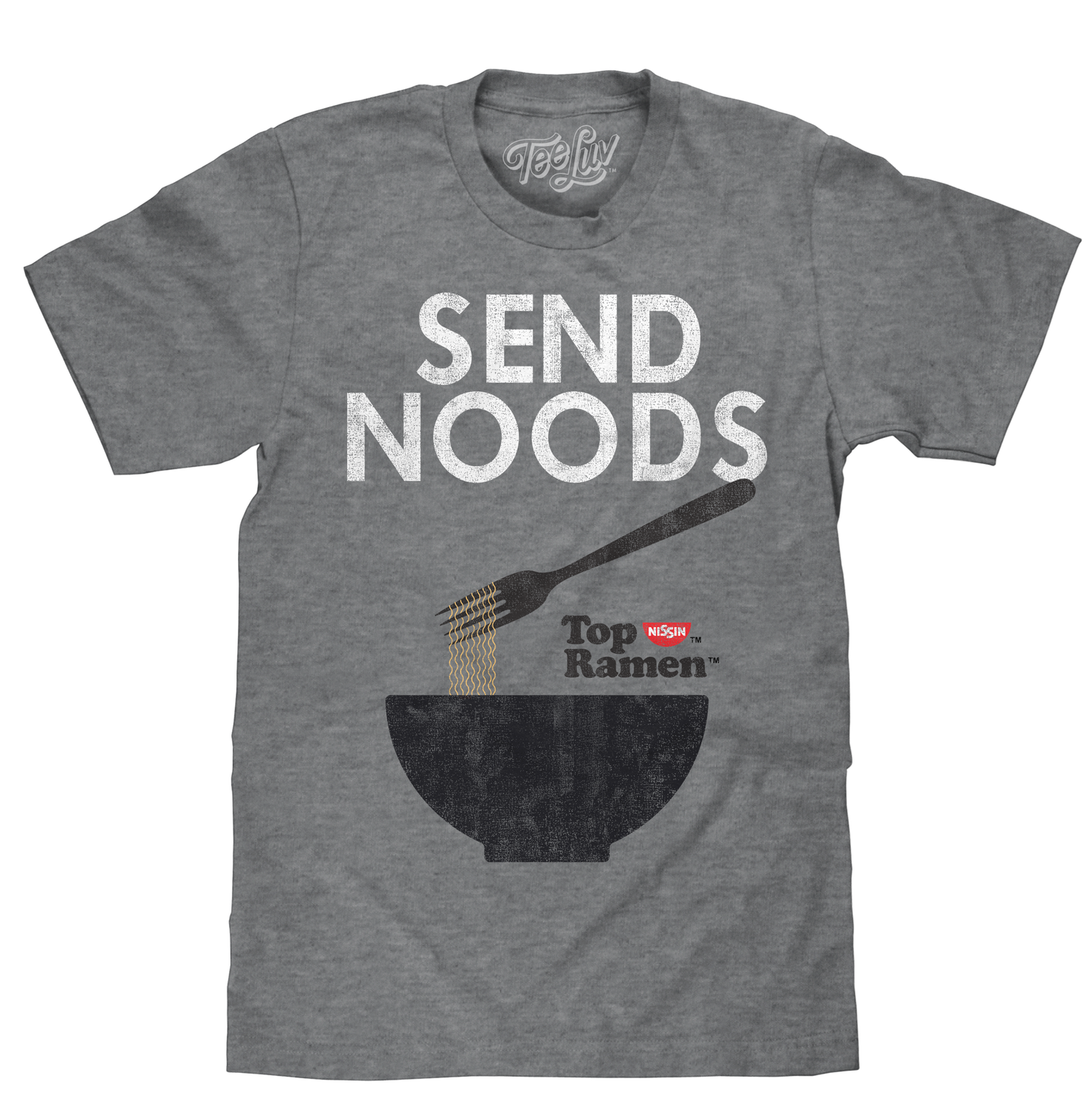 Top Ramen "Send Noods" T-Shirt | Distressed Nissin Logo | Graphite Heather | Poly-Cotton