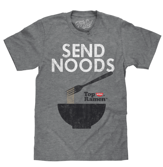 Graphite heather T-shirt with distressed SEND NOODS and Top Ramen graphic