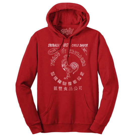 Red pullover hoodie with rooster graphic and front text, kangaroo pocket, hood