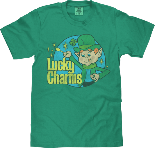 Green graphic crew-neck T-shirt with short sleeves and Lucky Charms mascot print
