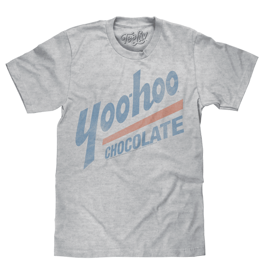 Heather gray T-shirt with distressed Yoo-hoo Chocolate logo graphic on chest