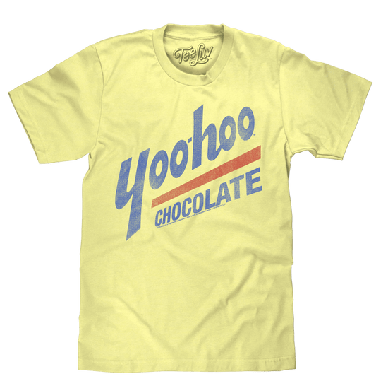 Light yellow T-shirt with distressed Yoo-hoo Chocolate logo graphic on front