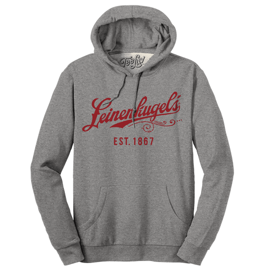 Athletic gray heather logo pullover hoodie with hood and front pocket, Leinenkugel's script