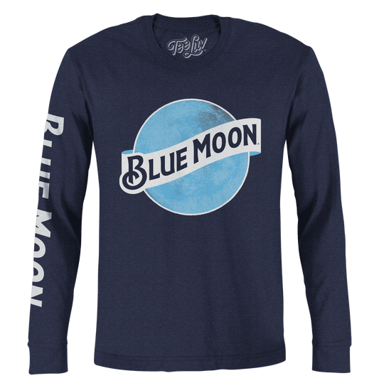 Navy heather long-sleeve T-shirt with large Blue Moon circular logo on chest
