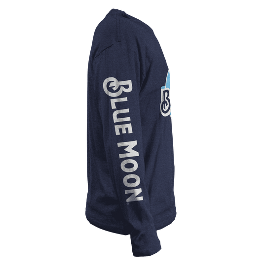 Navy heather long-sleeve T-shirt with vertical Blue Moon text on left sleeve