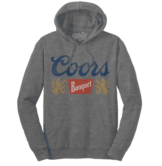 Oxford gray pullover hoodie with Coors Banquet logo on chest