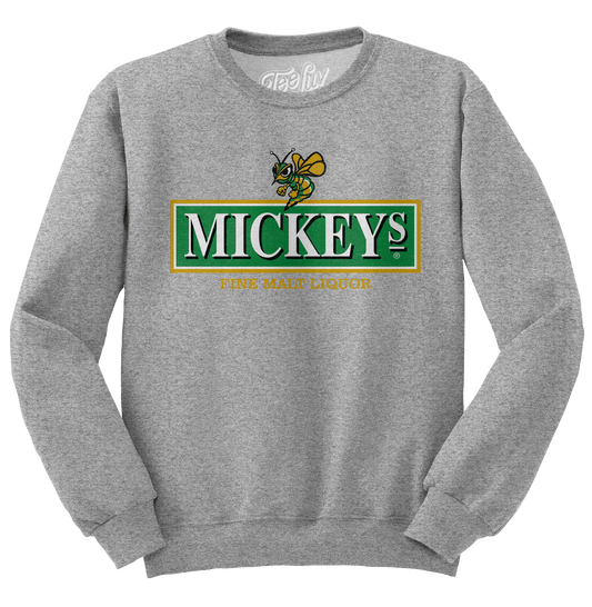 Gray crewneck sweatshirt with Mickey's fine malt liquor hornet logo graphic