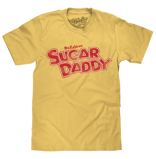 Light yellow Sugar Daddy pop logo T-shirt with red and white graphic print