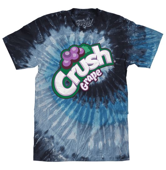 Tie-dye graphic T-shirt in dark navy and light blue with Crush Grape logo