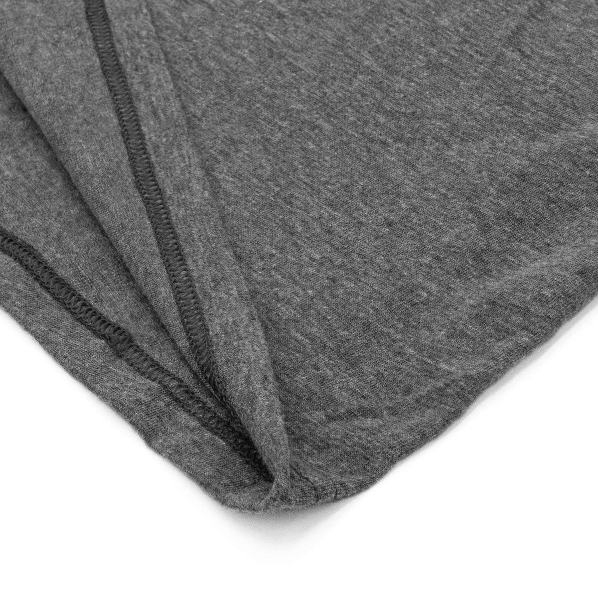 Gray t-shirt with double-stitched edge seam and knit texture