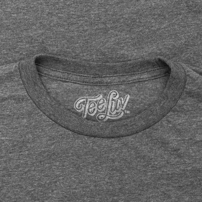 Gray t-shirt with TeeLuv logo on crew neck