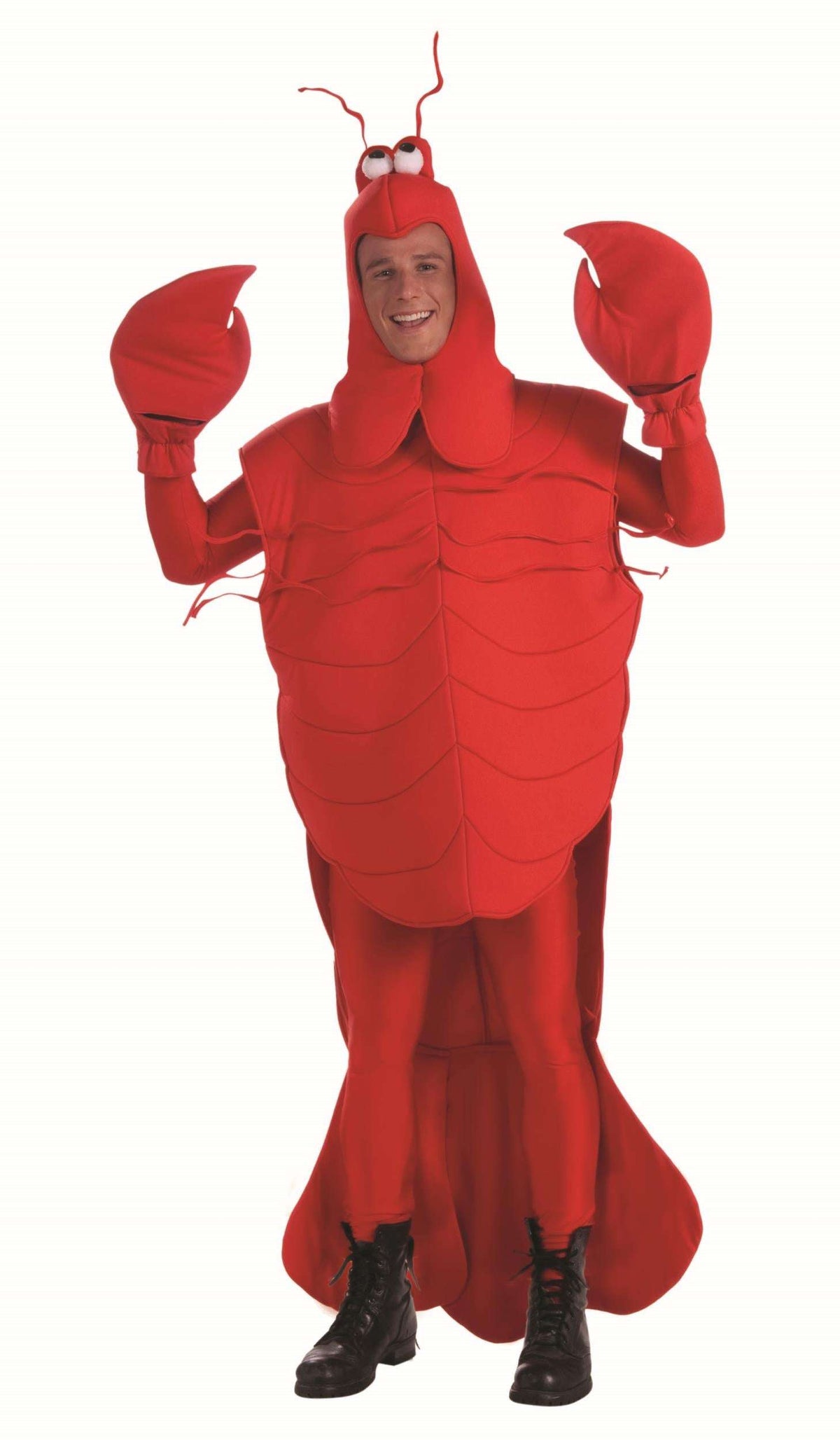 Red crab mascot costume with hood, molded shell, claw arms, and black boot covers